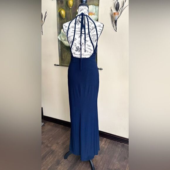 X ByXScape navy blue with sequins halter top gown openback high slit on side sz4 - Picture 2 of 7